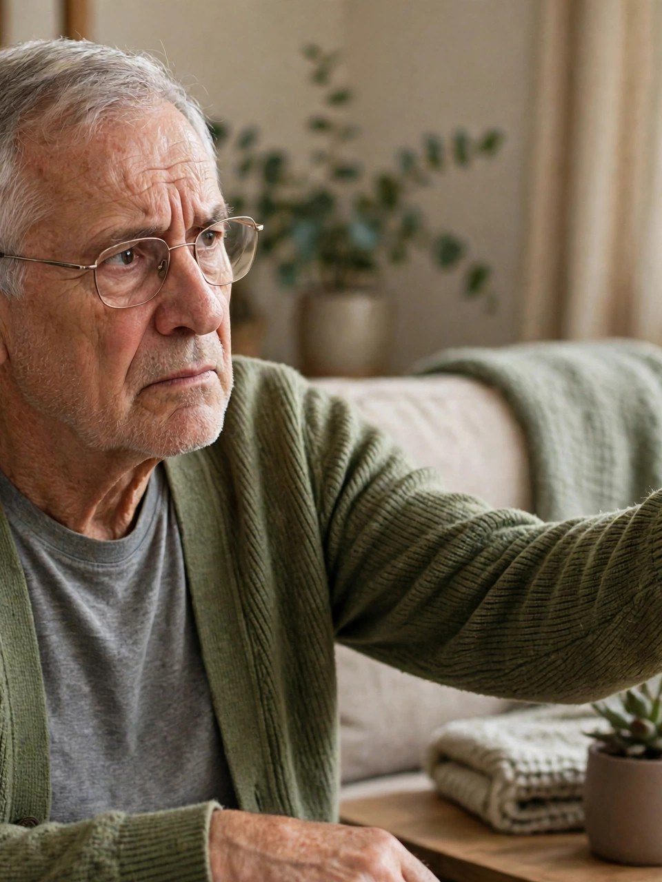 Older adult pausing and looking cautiously at a phone at home